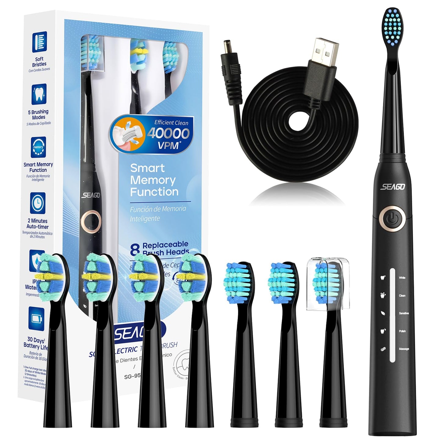 Electric Toothbrush, Rechargeable Power Toothbrush with 8 Brush Heads, Sonic Toothbrushes 40,000 VPM, 5 Cleaning Modes with Teeth Whitening, Gift for Family, Black