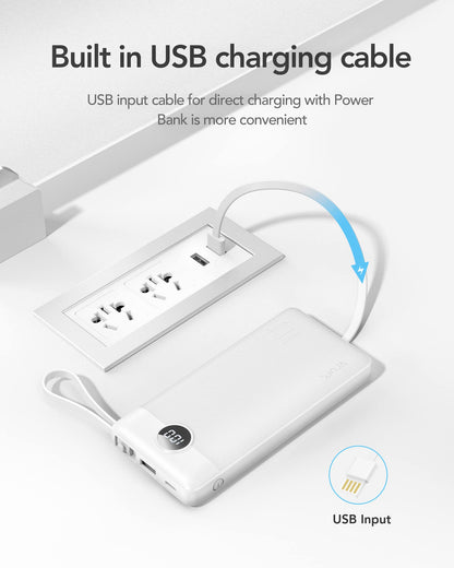 Power Bank With Built in Cables VRURC 10000mAh ,USB C Battery Pack Portable Charger with 5 Outputs 2 Inputs Powerbank LED Display compatible with iPhone 14 13 12 Samsung S21 S20 Xiaomi iPad