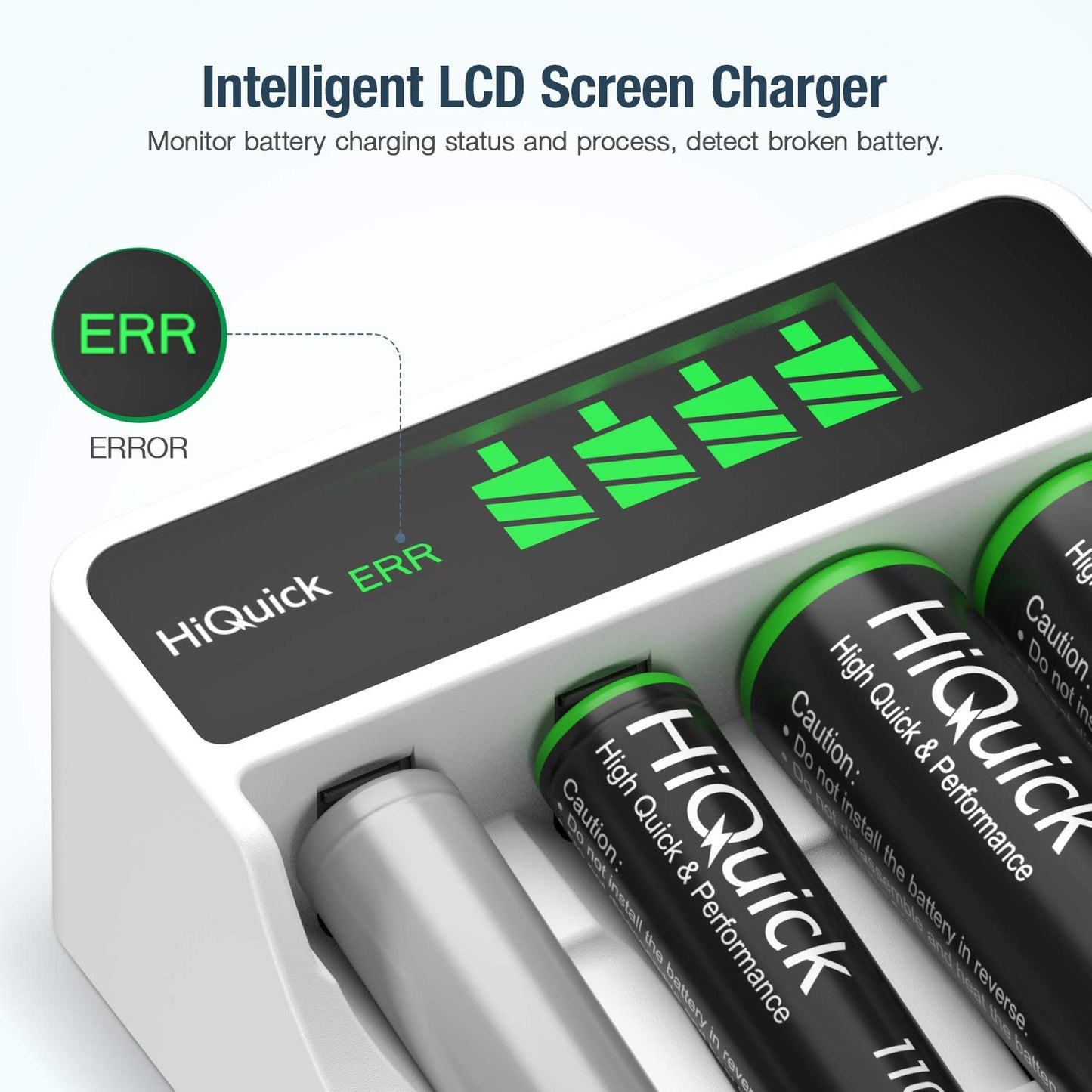 HiQuick 8 x 2800mAh AA NI-MH Rechargeable Batteries with 4-slot AA AAA LCD Battery Charger, Fast Charging Function, Type C and Micro USB Input, Battery and Charger Set