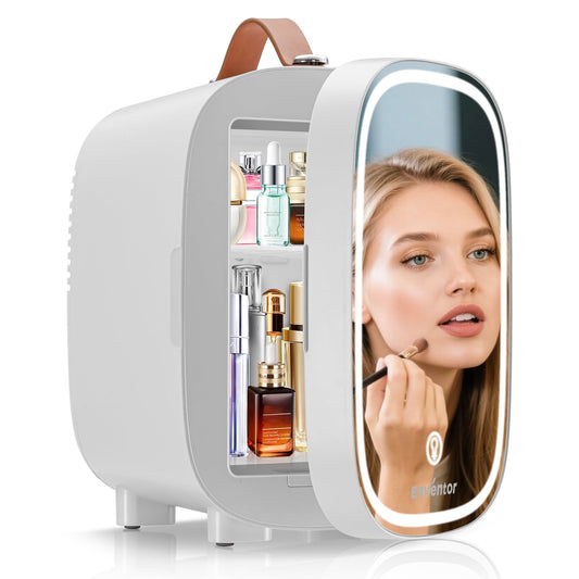 Enventor 4L Mini Fridge – LED Mirror Skincare Cooler & Warmer, AC/DC, Portable Cosmetic Fridge for Home, Car & Travel (Pink)