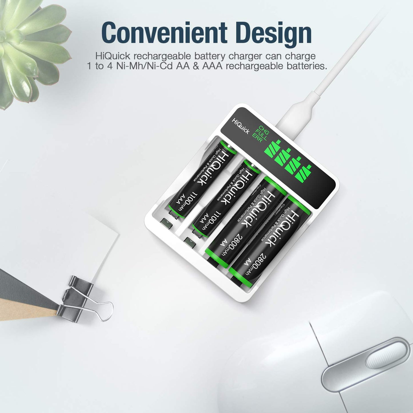 HiQuick 8 x 2800mAh AA NI-MH Rechargeable Batteries with 4-slot AA AAA LCD Battery Charger, Fast Charging Function, Type C and Micro USB Input, Battery and Charger Set