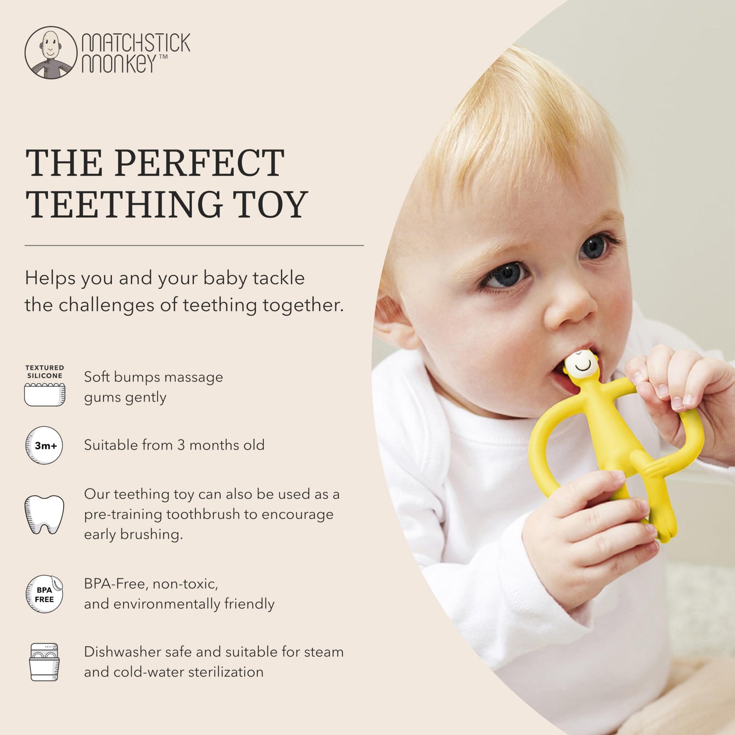 Matchstick Monkey, Original Teether & Gel Applicator, Antimicrobial Silicone Teething Toys for Baby, Easy to Grip, BPA Free, 3 Months Old+, 10.5 cm, Green Monkey