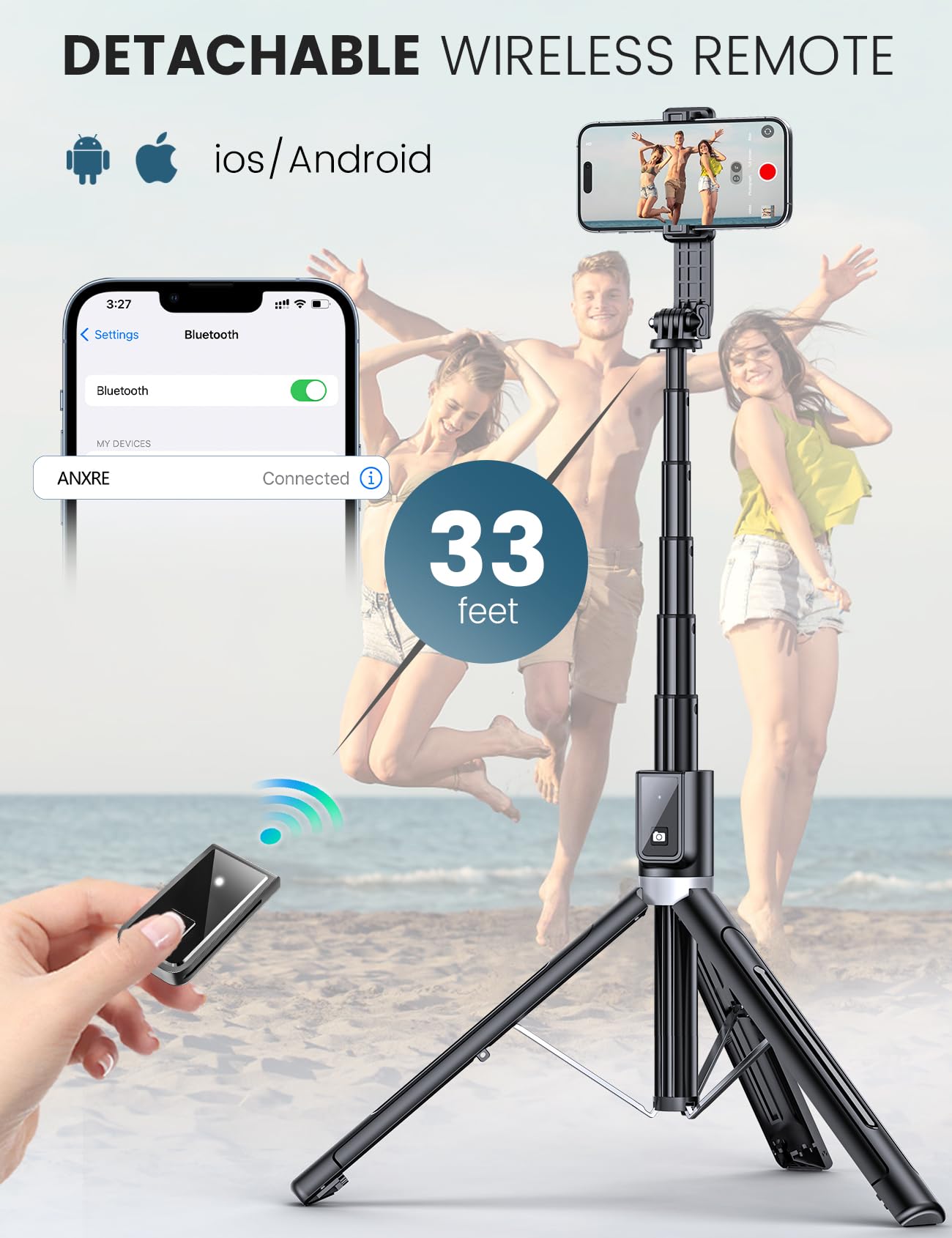 ANXRE Selfie Stick with 𝐑𝐞𝐢𝐧𝐟𝐨𝐫𝐜𝐞𝐝 Tripod - 50'' Extra Long Phone Tripod with Detachable Wireless Remote for Filming, Compatible with Smartphone iPhone, Samsung, Huawei, Xiaomi(Black)