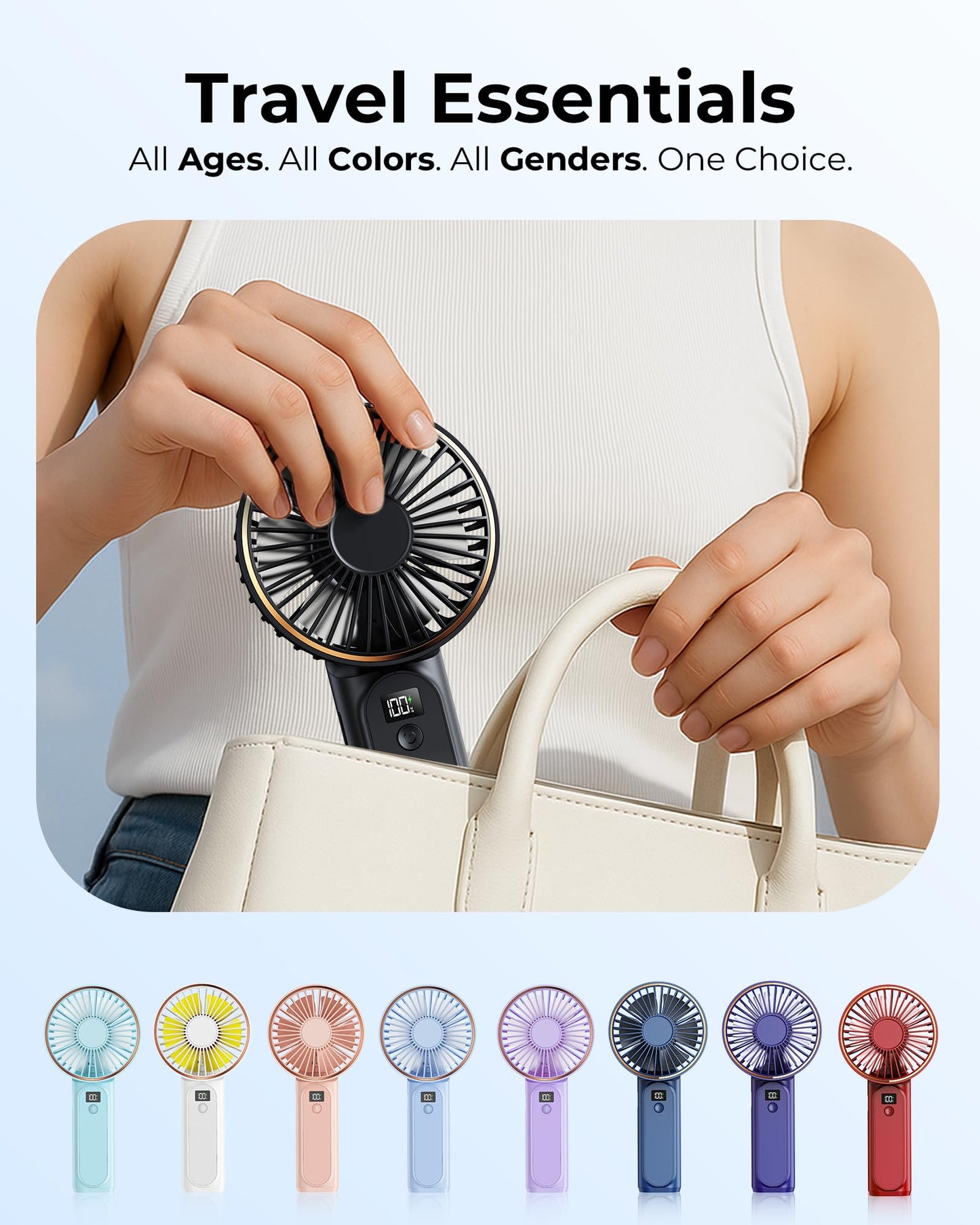 TUNISE Handheld Fan – 4000mAh Portable Rechargeable Fan with LED Display, 6 Speeds, 180° Adjustable, Power Bank Function for Travel & Home