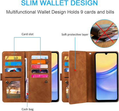 UEEBAI Wallet Case for Samsung Galaxy A15 – Retro PU Leather Flip Cover with 9 Card Slots, Zipper Pocket, Magnetic Closure, Kickstand & Wrist Strap, Shockproof Protective Case