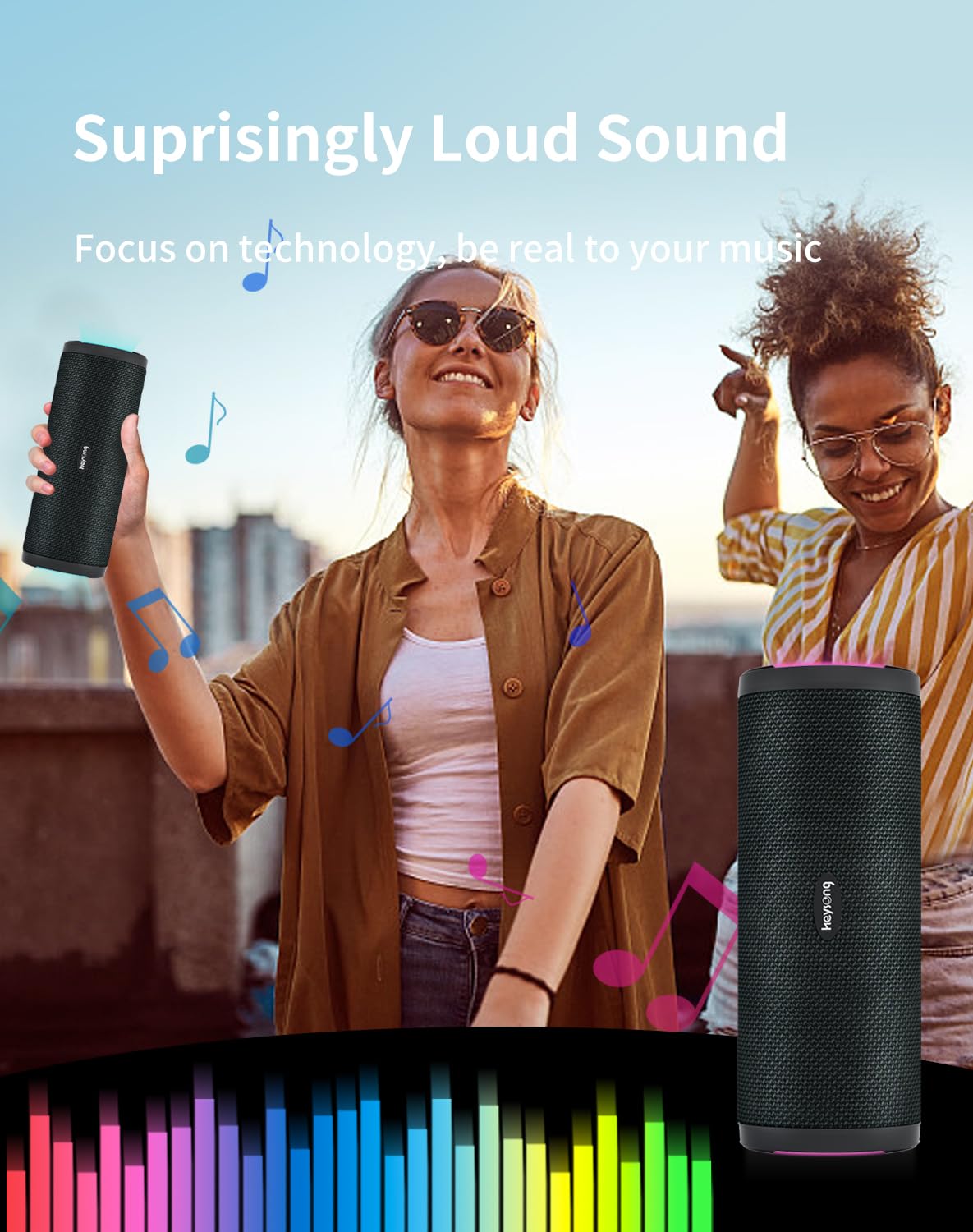 HEYSONG Portable Bluetooth Speaker, Waterproof Outdoor Speakers with LED Light, Enhanced Bass, IPX7 Floating, 40H Play, TF Card, True Wireless Stereo for Party, Shower, Biking, Gifts for Men