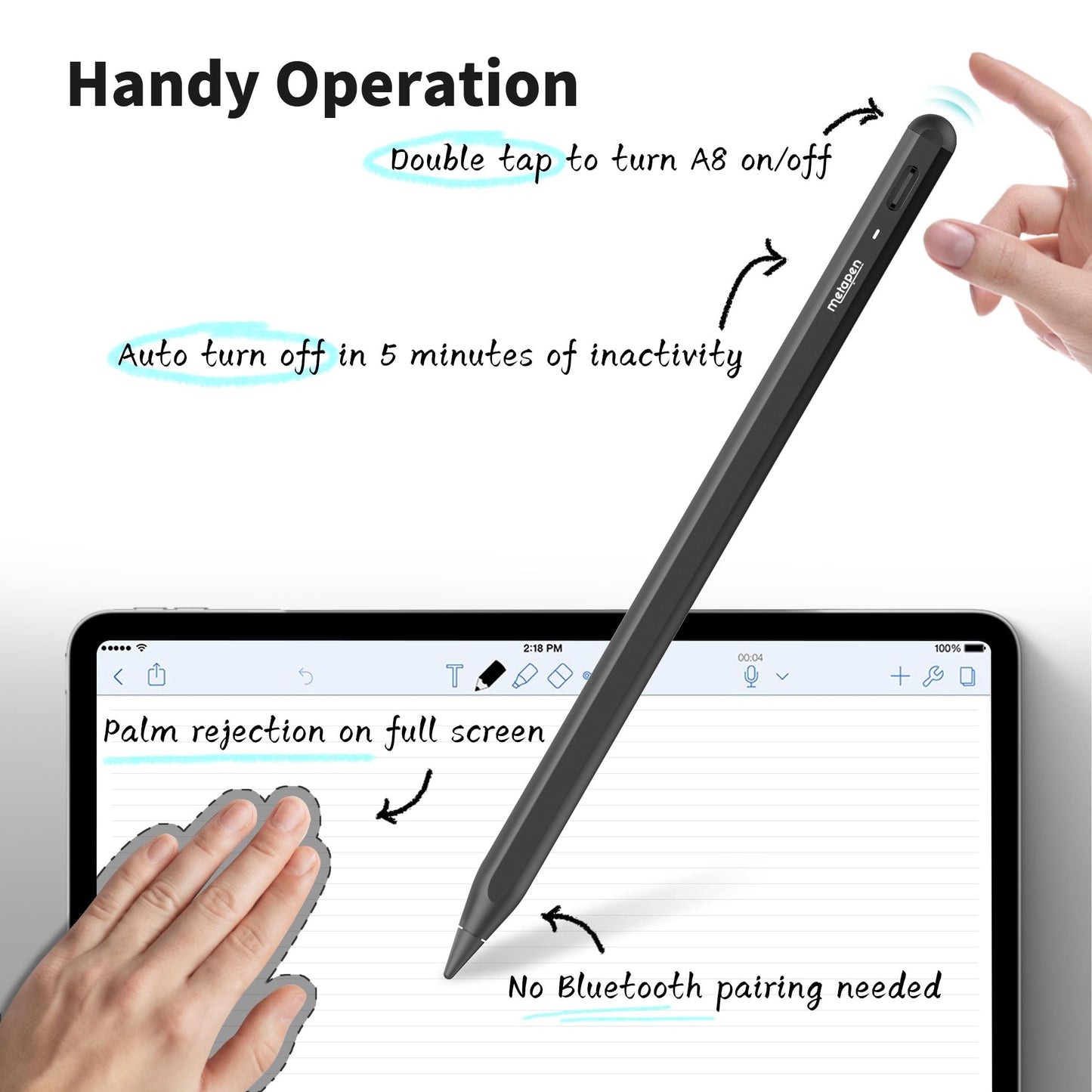 Metapen Pencil A8 Compatible iPad 2018-2024, 2X Faster Charge, Palm Rejection, Tilt Sensitivity Stylus Pen Compatible Apple iPad 10/9/8/7/6th Gen, iPad Pro 12.9/11/13 Inch, iPad Air 3-6, iPad Mini 5/6