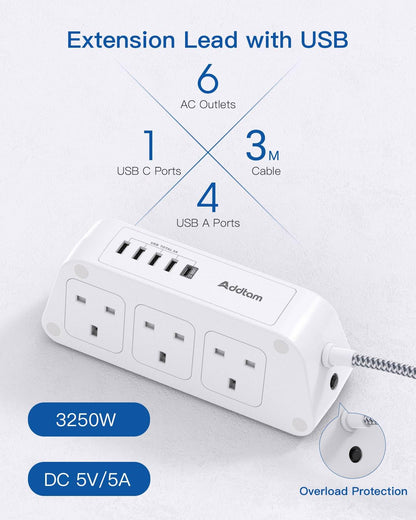 Extension Lead with USB Slots，6 Way Outlets 5 USB with 1.8M Braided Extension cord,Security Surge Protection Plug Extension Socket