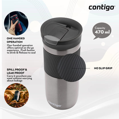 Contigo Byron Snapseal Travel Mug | Stainless Steel Thermal Mug | Vacuum Flask | Leakproof Tumbler | Coffee to Go Mug with BPA Free Easy-Clean Lid