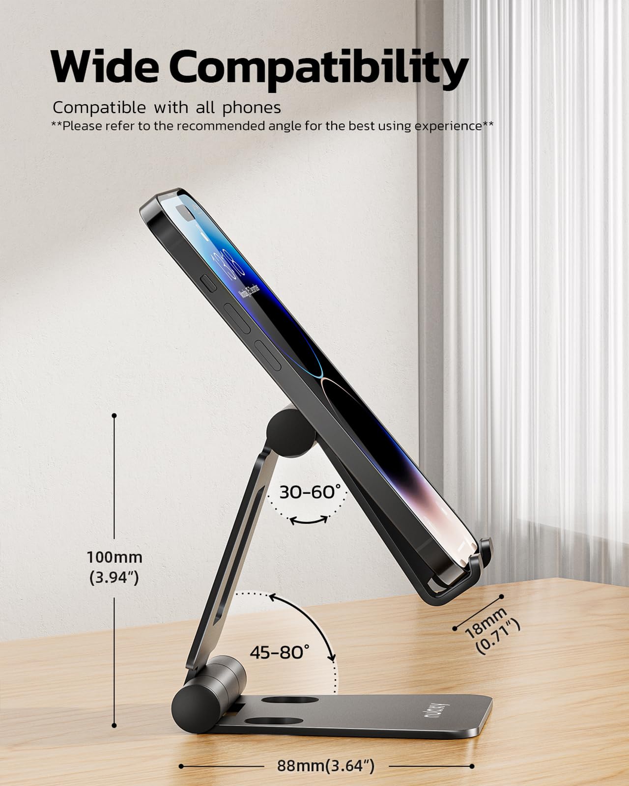 NULAXY Phone Stand, Fully Foldable Angle Height Adjustable Mobile Phone Holder Stand Dock Aluminum Desk Compatible with iPhone 15 14 13 12 11 Pro Max XR X 8, HUAWEI, Galaxy, All Phones - Black