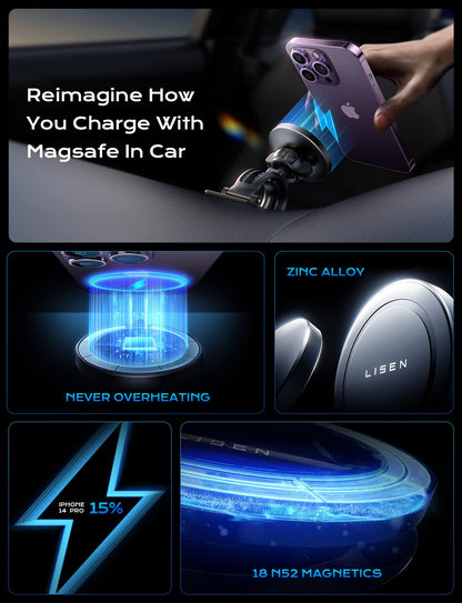 LISEN for Magsafe Car Mount Charger 15W Fastest Charging Speed Car Phone Holder Wireless iPhone Car Charger Magsafe Phone Holder Fits iPhone