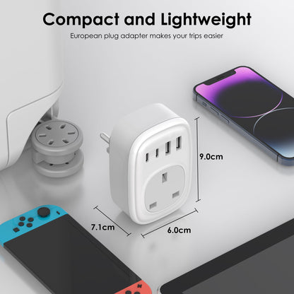 Tusreda UK to European Plug Adapter – USB-C Fast Charger, Grounded Type E/F Travel Adapter for Spain, France, Germany & More