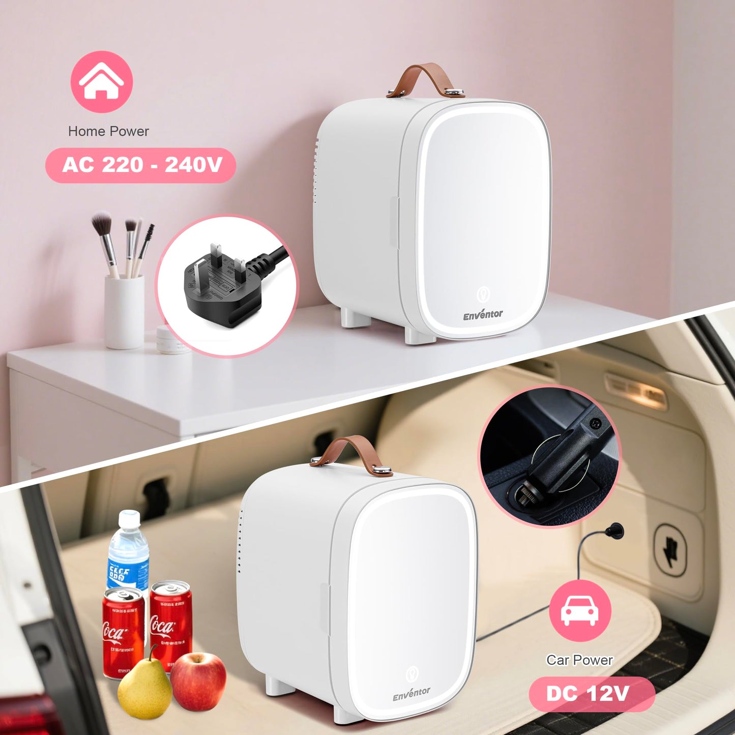Enventor 4L Mini Fridge – LED Mirror Skincare Cooler & Warmer, AC/DC, Portable Cosmetic Fridge for Home, Car & Travel (Pink)