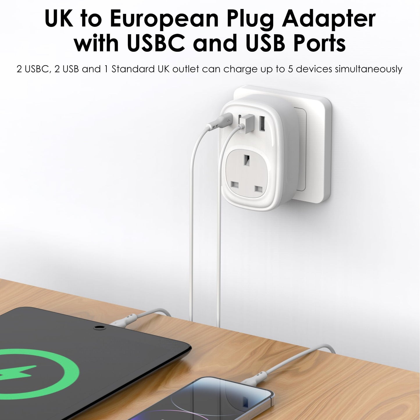 Tusreda UK to European Plug Adapter – USB-C Fast Charger, Grounded Type E/F Travel Adapter for Spain, France, Germany & More