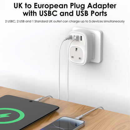 Tusreda UK to European Plug Adapter – USB-C Fast Charger, Grounded Type E/F Travel Adapter for Spain, France, Germany & More