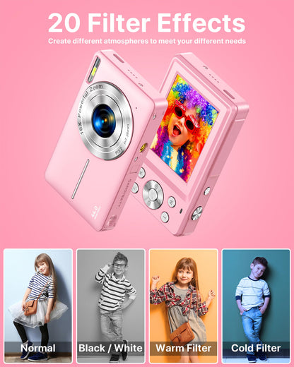 1080P FHD Compact Digital Camera 44MP – Mini Portable Vlogging Camera with 2.4" LCD, 16X Zoom, Battery Included (Pink, No SD Card)