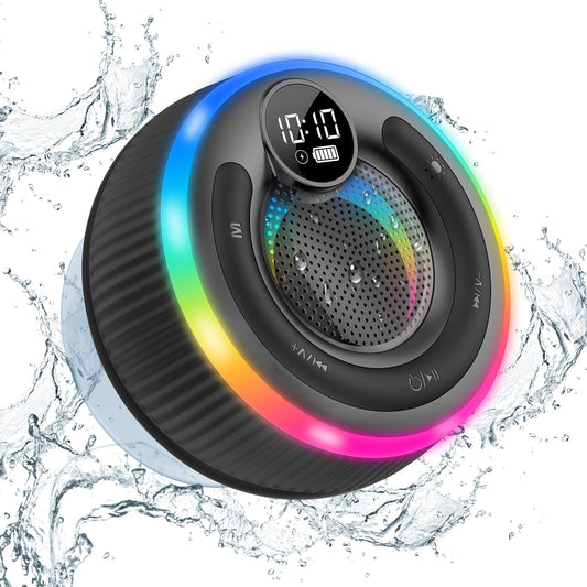 Bluetooth Shower Speaker, Portable Bluetooth Speaker 5.3 with Time Display, IPX7 Waterproof Speaker with Suction Cup, Mini Speaker with RGB Lights, Wireless Speaker for Bathroom/Party/Outdoor/Travel