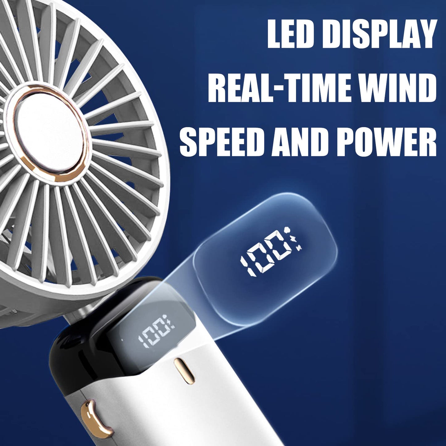 Hand Held Fan,Portable Handheld USB Rechargeable Fans with 5 Speeds,Battery Operated Mini Fan Foldable Desk Desktop LED Display for Home Office Bedroom Outdoor Travel (DarkBlue)