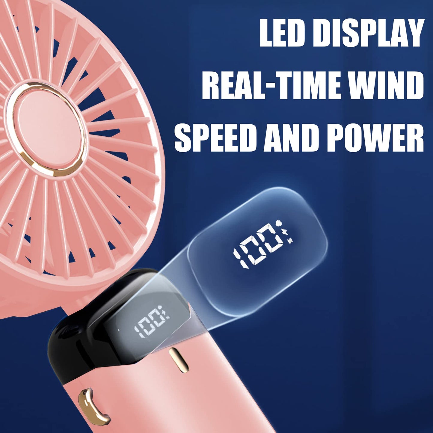 Hand Held Fan,Portable Handheld USB Rechargeable Fans with 5 Speeds,Battery Operated Mini Fan Foldable Desk Desktop LED Display for Home Office Bedroom Outdoor Travel (DarkBlue)