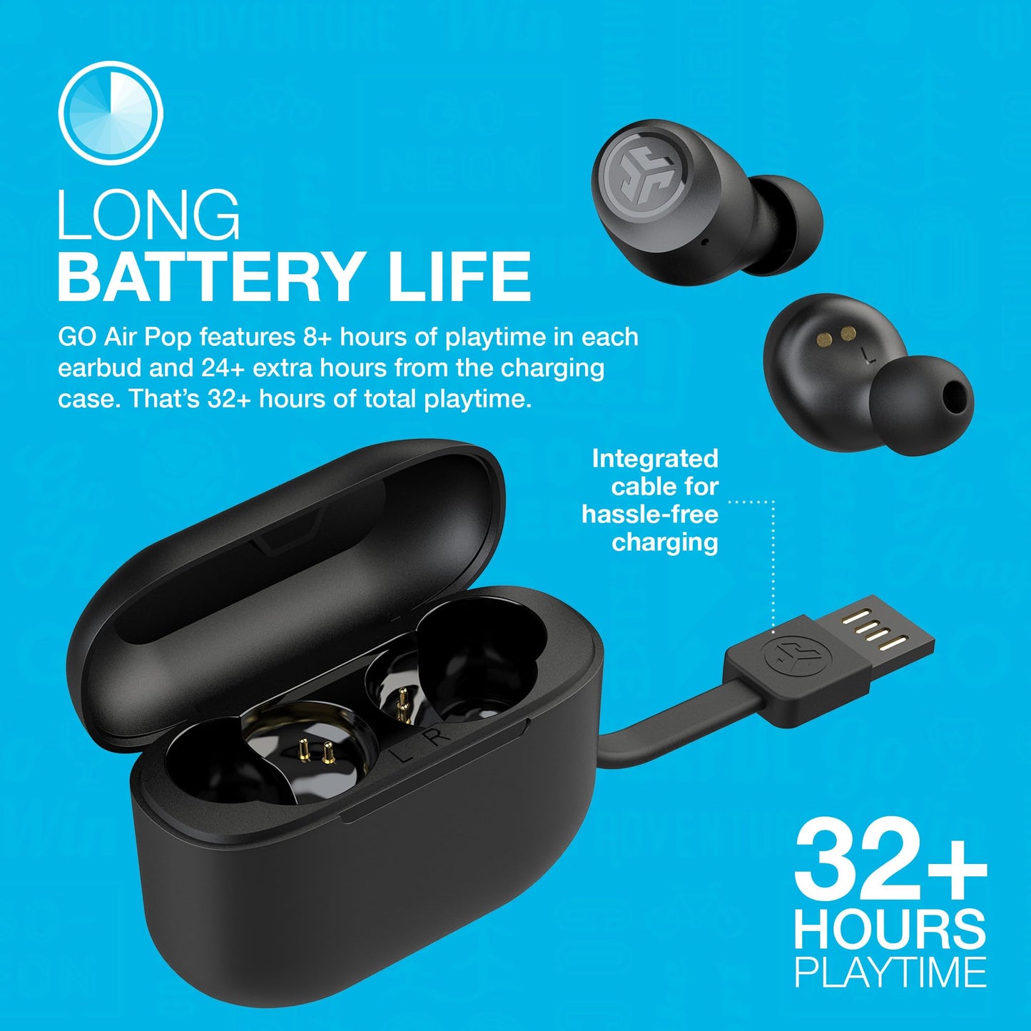 JLab Go Air Pop True Wireless Earbuds, In Ear Headphones, Bluetooth Earphones, Ear Buds with 32H Playtime, Bluetooth Earbuds with Microphone, USB Charging Case, Dual Connect, EQ3 Sound, Black