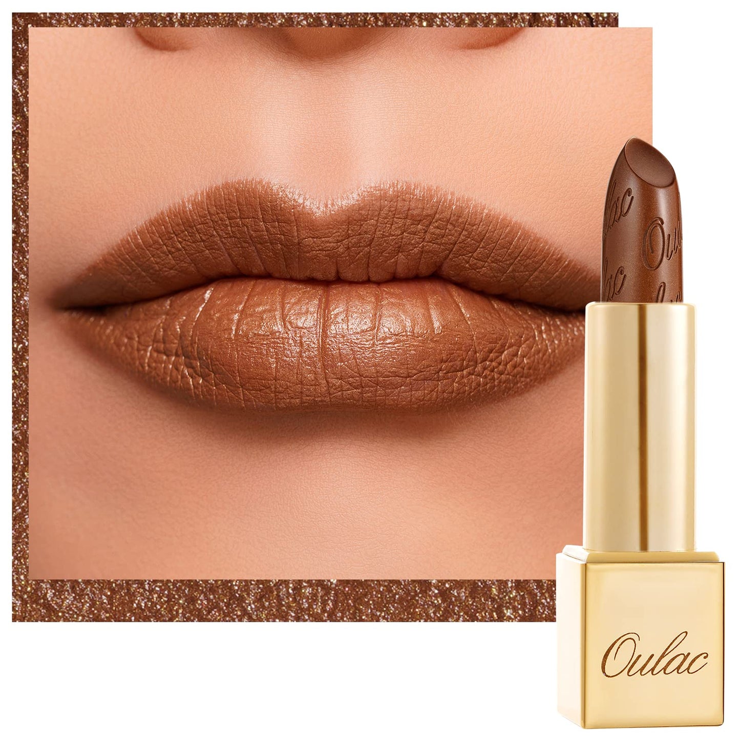 OULAC Metallic Shine Glitter Lipstick, Nude High Impact Lipcolor, Lightweight Soft and Ultra Hydrating, Long Lasting, Vegan & Cruelty-Free, Full-Coverage Lip Color 4.3 g/0.15 Sahara Gold(10)