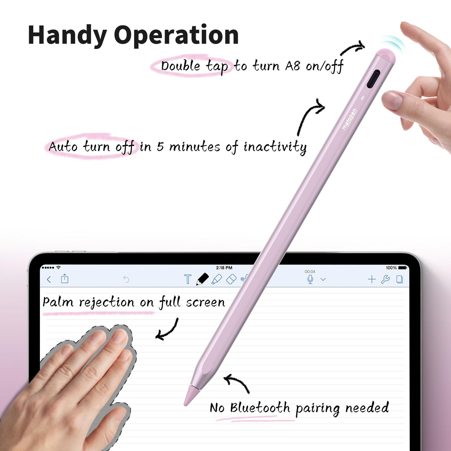 Metapen Pencil A8 Compatible iPad 2018-2024, 2X Faster Charge, Palm Rejection, Tilt Sensitivity Stylus Pen Compatible Apple iPad 10/9/8/7/6th Gen, iPad Pro 12.9/11/13 Inch, iPad Air 3-6, iPad Mini 5/6