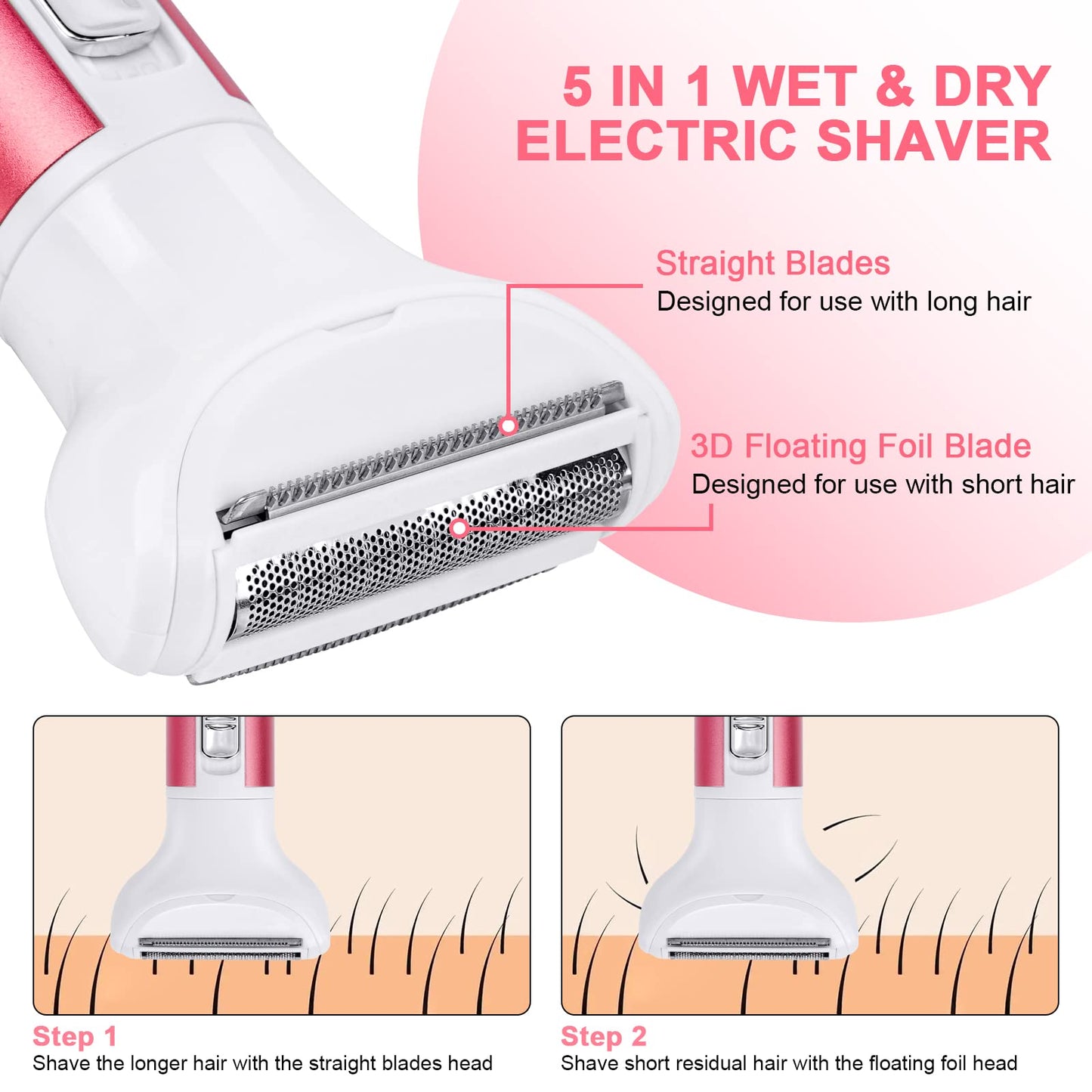 ACWOO Cordless 4 in 1 Electric Lady Shaver for Women, Rechargeable Painless Razor Bikini Trimmer Wet and Dry Hair Removal for Face Legs Underarm Nose and Eyebrow