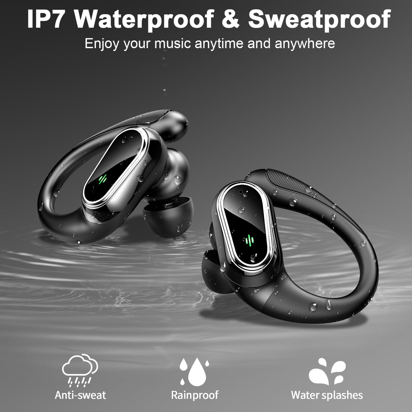 Wireless Earbuds, Wireless Headphones Stereo Noise Cancelling Earbuds with Mic, 50H Bluetooth 5.3 Headphones Dual LED Display, Sport Ear Buds with EarHooks, IP7 Waterproof Wireless Earphones Running