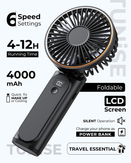 TUNISE Handheld Fan – 4000mAh Portable Rechargeable Fan with LED Display, 6 Speeds, 180° Adjustable, Power Bank Function for Travel & Home