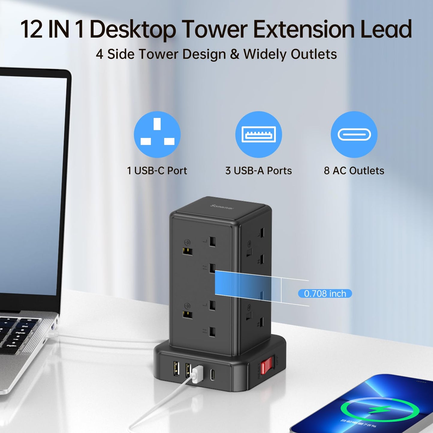 Tower Extension lead with USB Slots, 8 Way Extension Lead Surge Protection with Switch (13A 3250W) 8 AC Outlets & 4 USB Ports Plug Extension Socket Extension Cable 2M Mini Power Strip for Home, Office