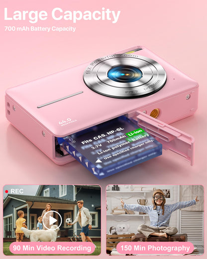 1080P FHD Compact Digital Camera 44MP – Mini Portable Vlogging Camera with 2.4" LCD, 16X Zoom, Battery Included (Pink, No SD Card)