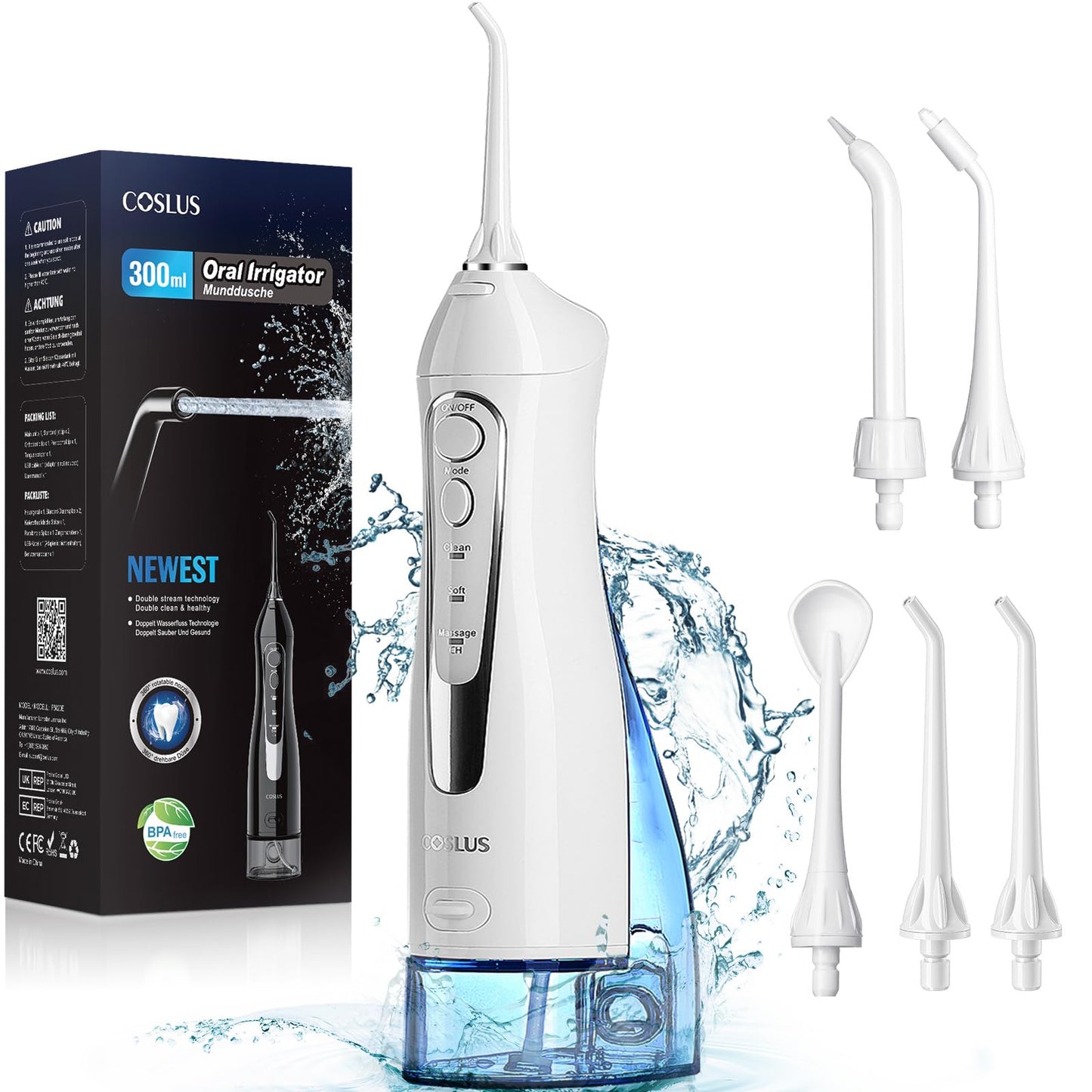 Water Dental Flosser for Teeth Cordless: COSLUS Portable Oral Irrigator 300ML 5 Jet Tips Rechargeable Tooth Flosser Teeth Braces Pick IPX7 Waterproof Irrigation Cleaner for Travel Home