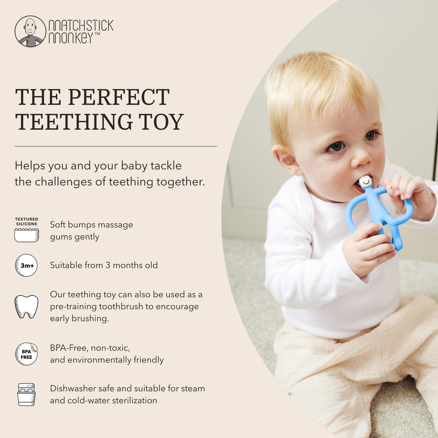 Matchstick Monkey, Original Teether & Gel Applicator, Antimicrobial Silicone Teething Toys for Baby, Easy to Grip, BPA Free, 3 Months Old+, 10.5 cm, Green Monkey