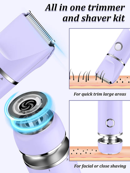 Cayzor Waterproof 2-in-1 Facial Hair Removal Trimmer for Women – Cordless Electric Bikini Razor for Face, Upper Lip, Chin, Armpit, Legs (Purple)