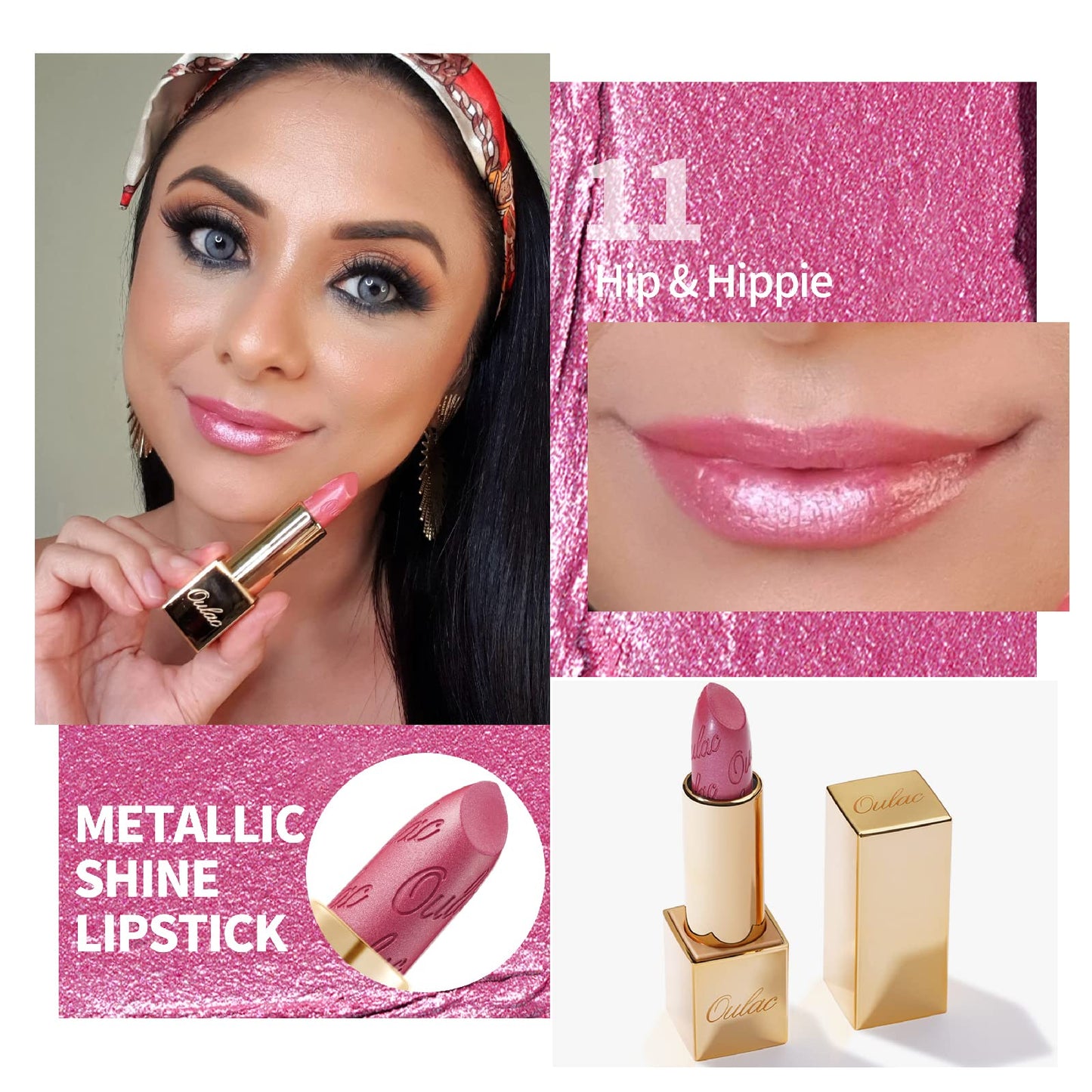 OULAC Metallic Shine Glitter Lipstick, Nude High Impact Lipcolor, Lightweight Soft and Ultra Hydrating, Long Lasting, Vegan & Cruelty-Free, Full-Coverage Lip Color 4.3 g/0.15 Sahara Gold(10)