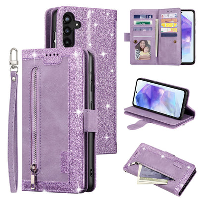 UEEBAI Wallet Case for Samsung Galaxy A15 – Retro PU Leather Flip Cover with 9 Card Slots, Zipper Pocket, Magnetic Closure, Kickstand & Wrist Strap, Shockproof Protective Case