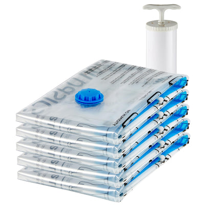Amazon Basics Vacuum Compression Zipper Storage Bags with Airtight Valve and Hand Pump, Large, 5-Pack, Clear