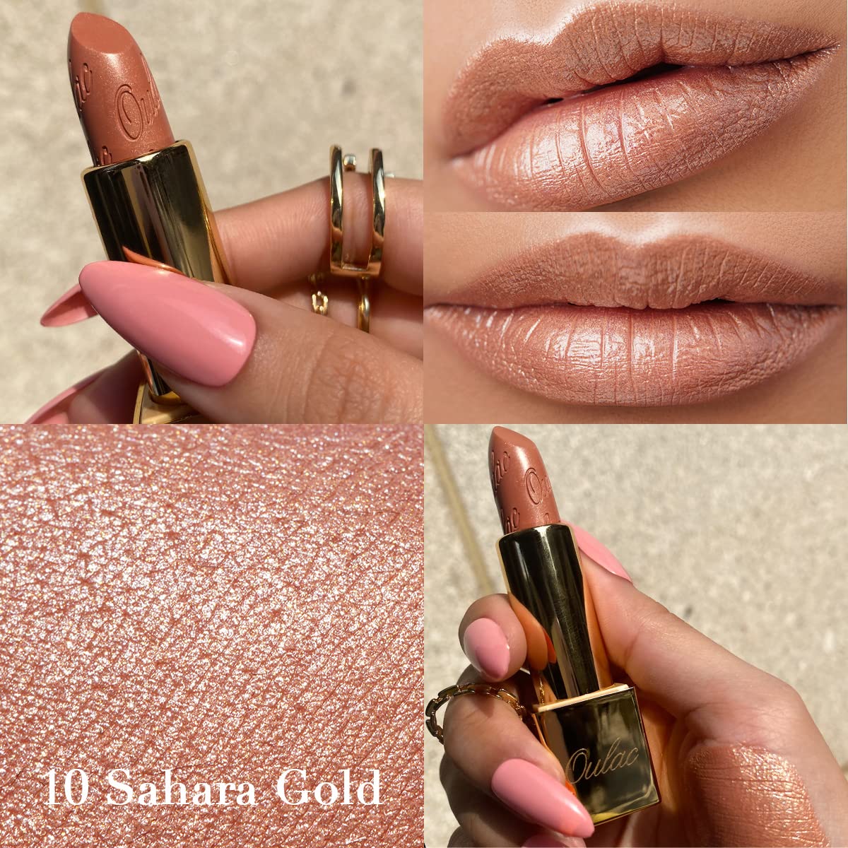 OULAC Metallic Shine Glitter Lipstick, Nude High Impact Lipcolor, Lightweight Soft and Ultra Hydrating, Long Lasting, Vegan & Cruelty-Free, Full-Coverage Lip Color 4.3 g/0.15 Sahara Gold(10)