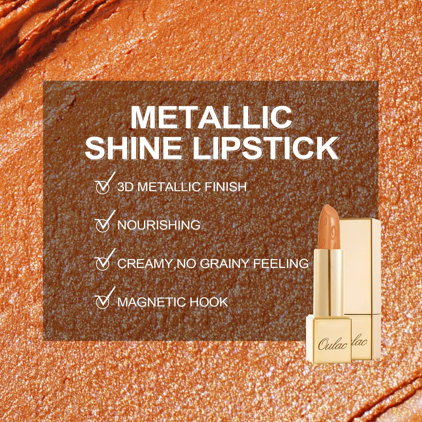 OULAC Metallic Shine Glitter Lipstick, Nude High Impact Lipcolor, Lightweight Soft and Ultra Hydrating, Long Lasting, Vegan & Cruelty-Free, Full-Coverage Lip Color 4.3 g/0.15 Sahara Gold(10)