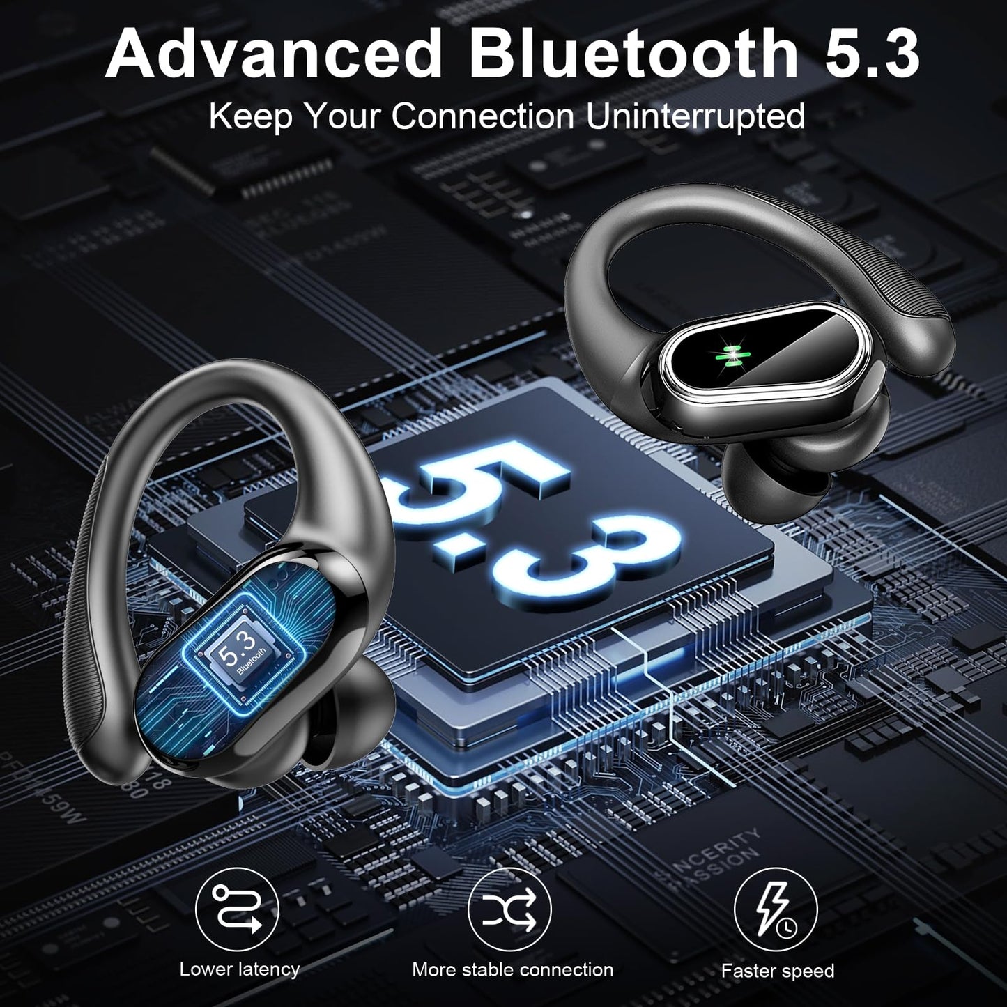 Wireless Earbuds, Wireless Headphones Stereo Noise Cancelling Earbuds with Mic, 50H Bluetooth 5.3 Headphones Dual LED Display, Sport Ear Buds with EarHooks, IP7 Waterproof Wireless Earphones Running