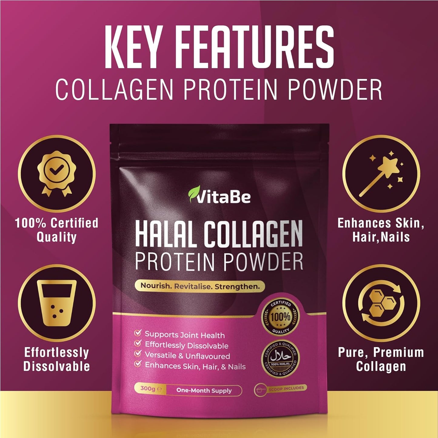 Halal Bovine Collagen Powder | Halal Certified | Supports Skin, Hair, Nails & Joints | One Month Supply | Scoop Included | 300g