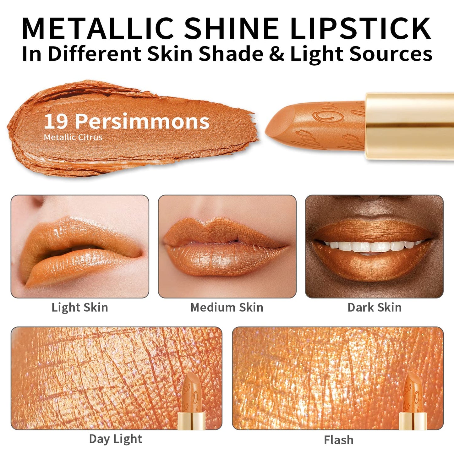 OULAC Metallic Shine Glitter Lipstick, Nude High Impact Lipcolor, Lightweight Soft and Ultra Hydrating, Long Lasting, Vegan & Cruelty-Free, Full-Coverage Lip Color 4.3 g/0.15 Sahara Gold(10)