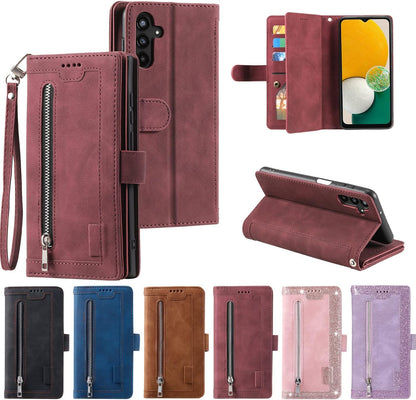 UEEBAI Wallet Case for Samsung Galaxy A15 – Retro PU Leather Flip Cover with 9 Card Slots, Zipper Pocket, Magnetic Closure, Kickstand & Wrist Strap, Shockproof Protective Case