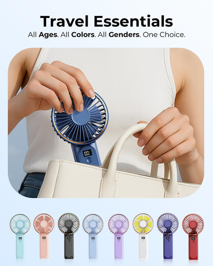 TUNISE Handheld Fan – 4000mAh Portable Rechargeable Fan with LED Display, 6 Speeds, 180° Adjustable, Power Bank Function for Travel & Home
