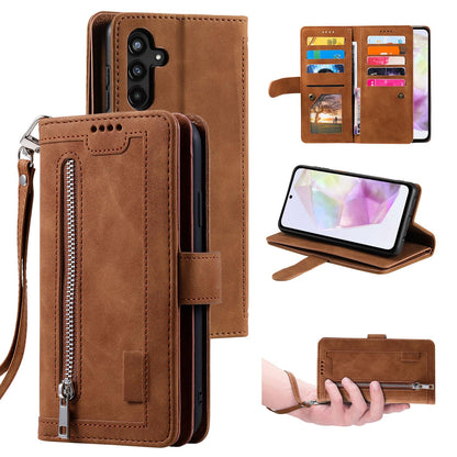 UEEBAI Wallet Case for Samsung Galaxy A15 – Retro PU Leather Flip Cover with 9 Card Slots, Zipper Pocket, Magnetic Closure, Kickstand & Wrist Strap, Shockproof Protective Case