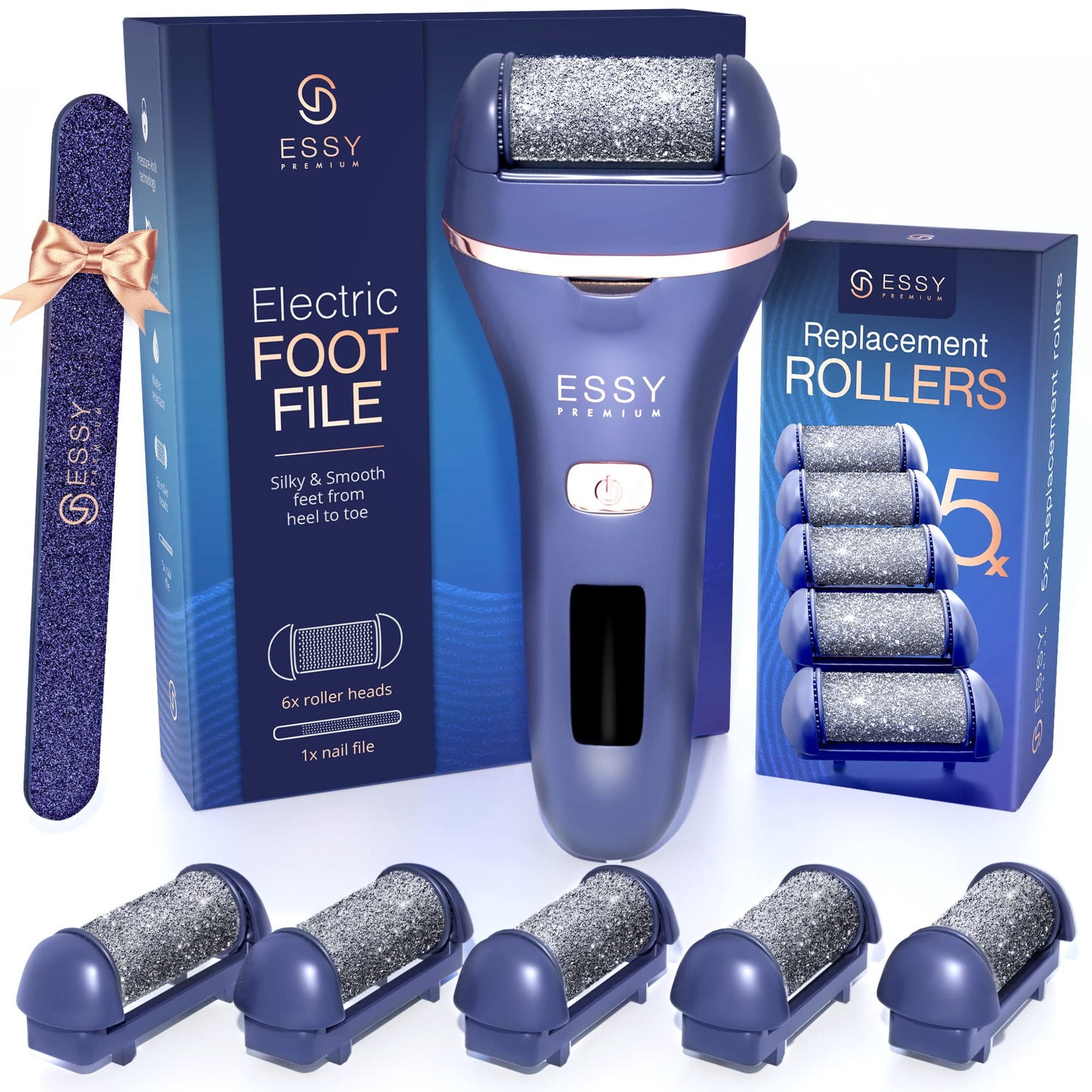 Essy Electric Foot File Pedicure Feet Hard Skin Remover Foot Scraper Dry Dead Skin Remover Callus Exfoliator Rechargeable Feet Scrubber with 5 Replacement Rollers Foot Care Skin Removers (White, EN)