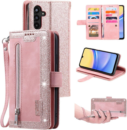 UEEBAI Wallet Case for Samsung Galaxy A15 – Retro PU Leather Flip Cover with 9 Card Slots, Zipper Pocket, Magnetic Closure, Kickstand & Wrist Strap, Shockproof Protective Case