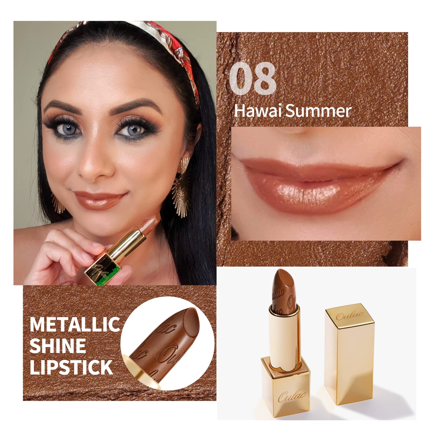 OULAC Metallic Shine Glitter Lipstick, Nude High Impact Lipcolor, Lightweight Soft and Ultra Hydrating, Long Lasting, Vegan & Cruelty-Free, Full-Coverage Lip Color 4.3 g/0.15 Sahara Gold(10)