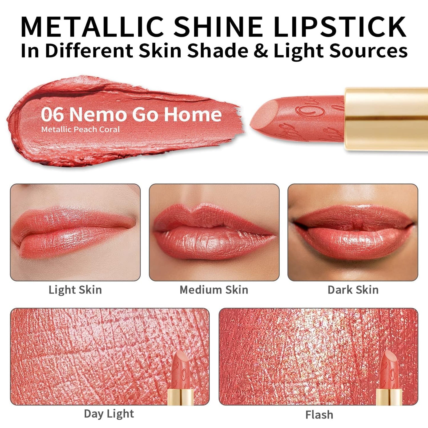 OULAC Metallic Shine Glitter Lipstick, Nude High Impact Lipcolor, Lightweight Soft and Ultra Hydrating, Long Lasting, Vegan & Cruelty-Free, Full-Coverage Lip Color 4.3 g/0.15 Sahara Gold(10)