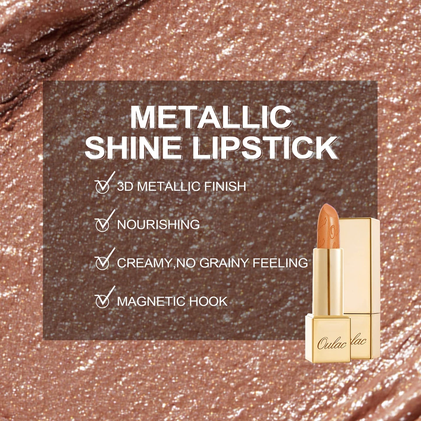 OULAC Metallic Shine Glitter Lipstick, Nude High Impact Lipcolor, Lightweight Soft and Ultra Hydrating, Long Lasting, Vegan & Cruelty-Free, Full-Coverage Lip Color 4.3 g/0.15 Sahara Gold(10)